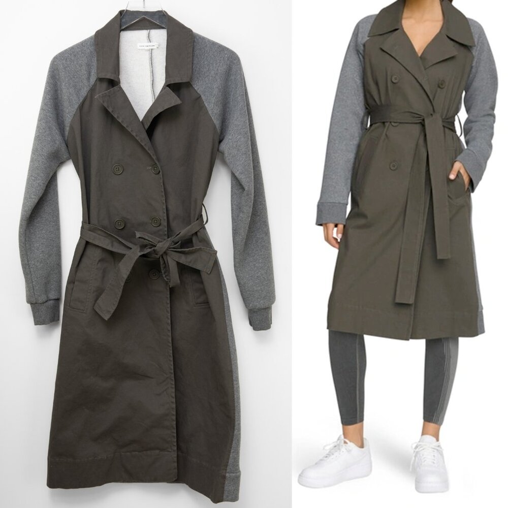 Good American Trench Coat Jacket Two Tone Fleece Moss Green Gray Size 2 Medium
